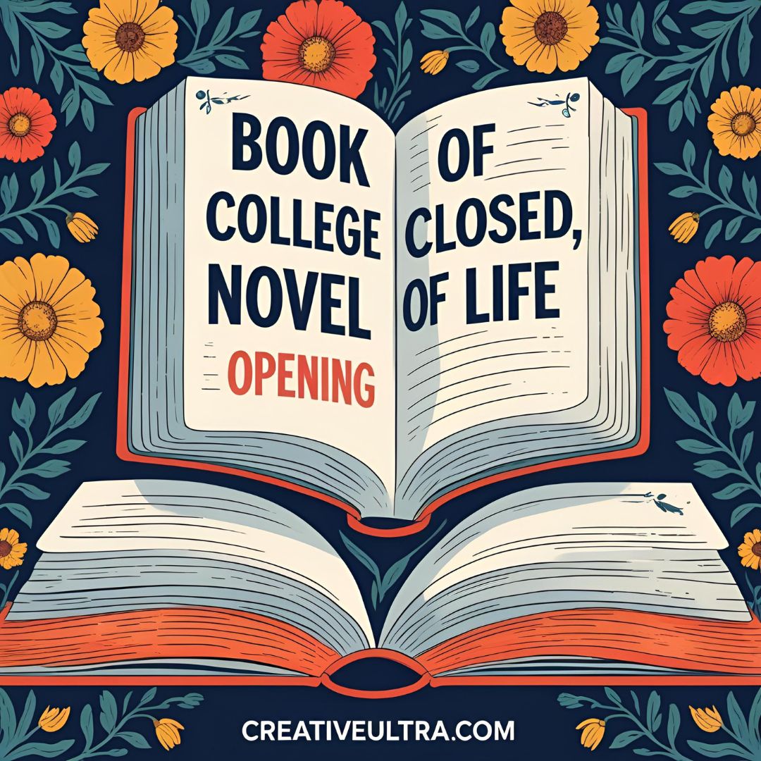 Illustration of two open books with bold text: "Book of College Novel Opening" and "Closed, of Life." Surrounded by colorful flowers, conveying growth.