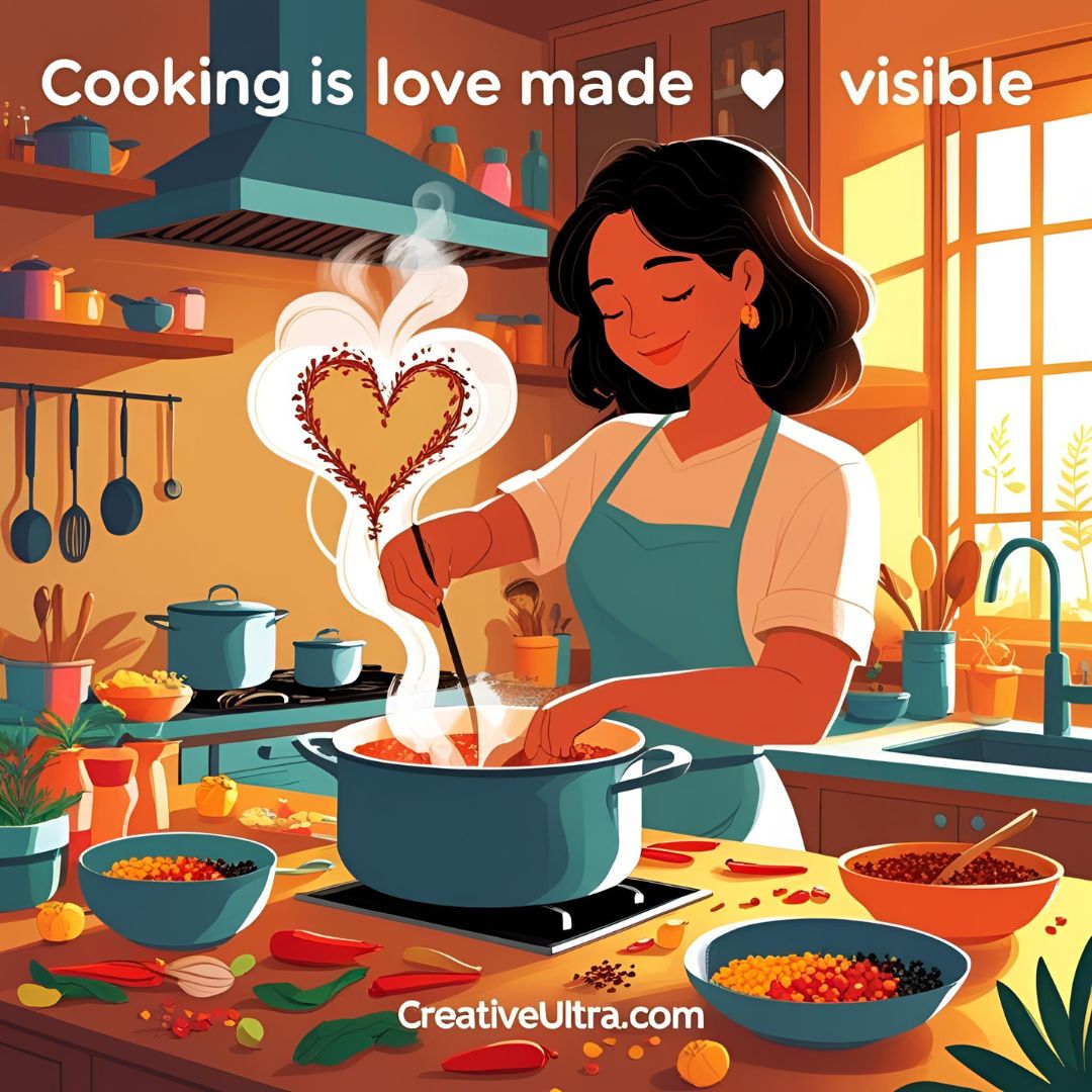 A woman happily cooks in a cozy kitchen, stirring a pot with steam rising into a heart shape. Text reads, "Cooking is love made visible." Warm, cheerful ambiance.