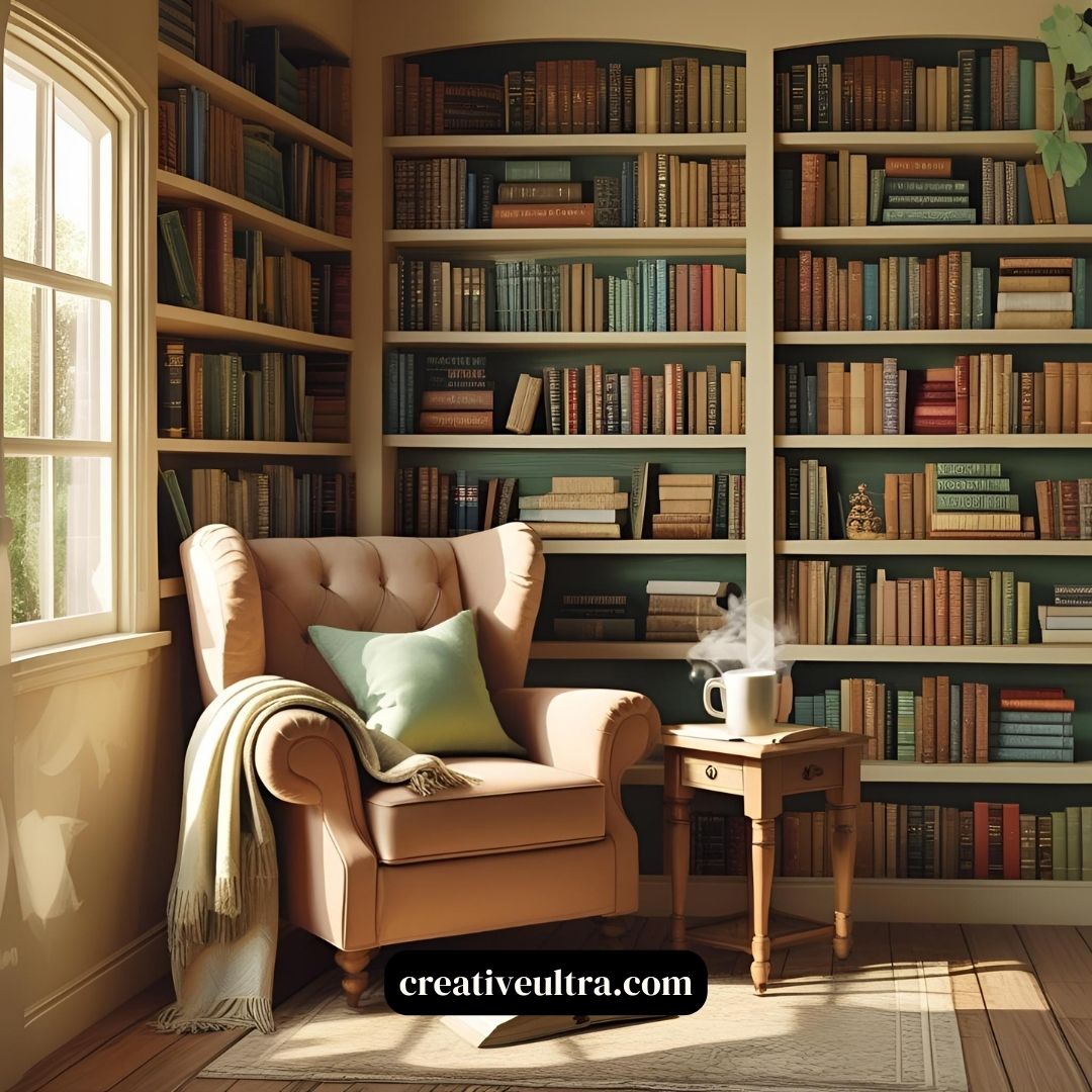 Cozy reading nook with a plush armchair, green cushion, and blanket by a window. A wooden side table holds a steaming mug, surrounded by bookshelves.