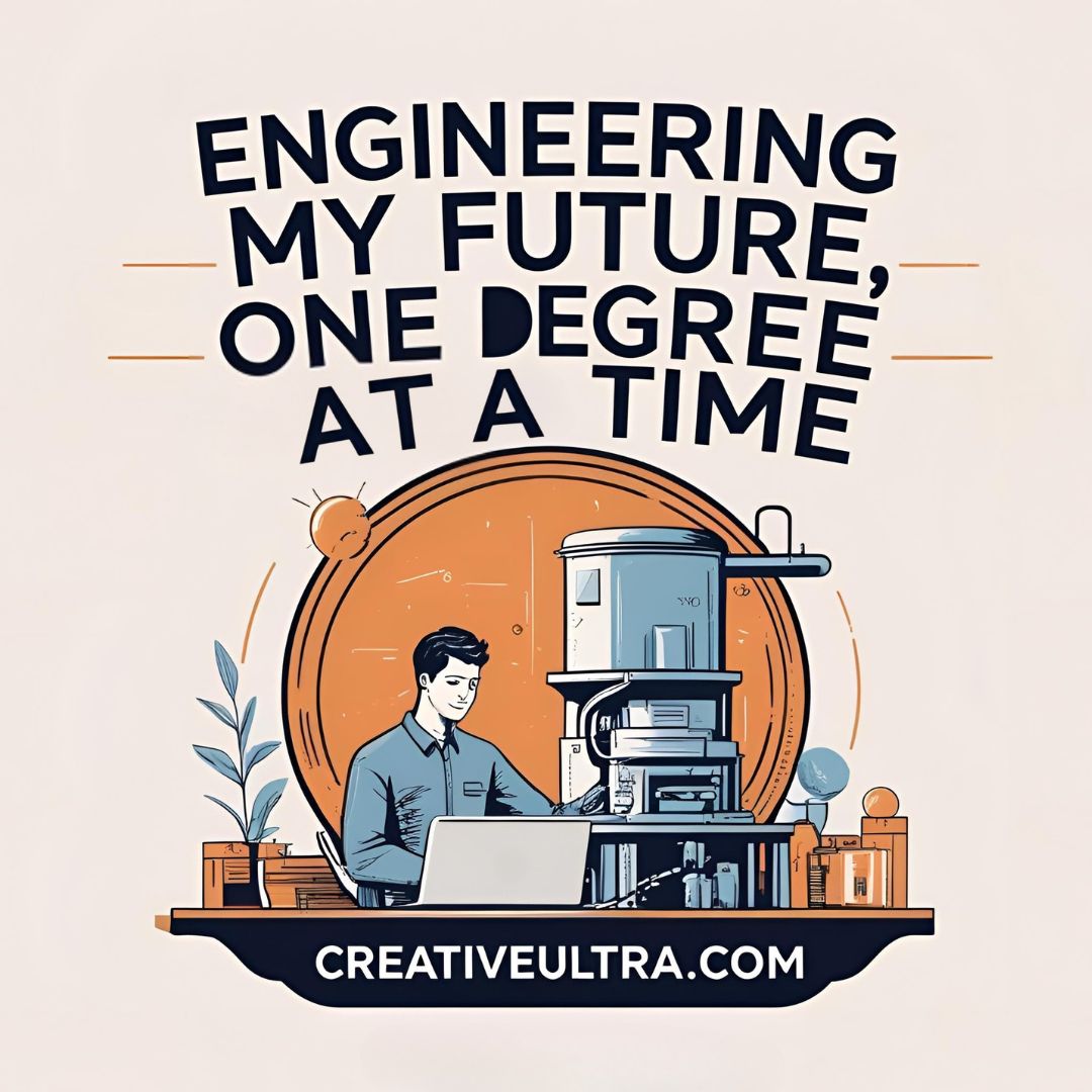 Illustration of a person working on a laptop beside engineering equipment. Text reads, "Engineering my future, one degree at a time." Website: creativeultra.com.