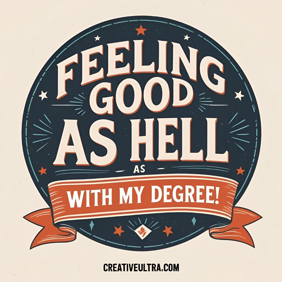Stylized text reads "Feeling Good As Hell With My Degree" on a dark circular background with stars. Orange ribbon accent adds celebratory tone.