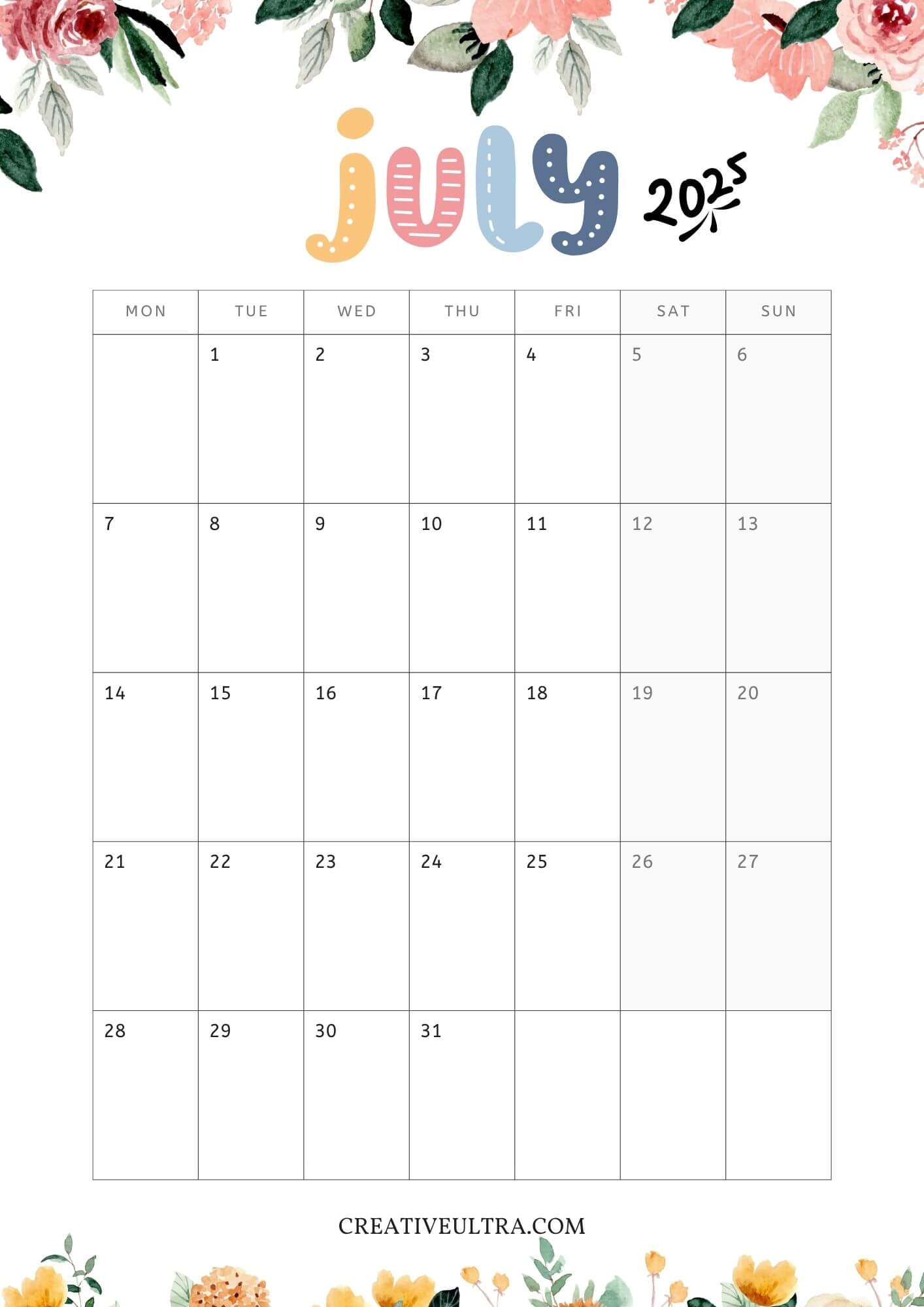 Floral July 2025 Monthly Calendar