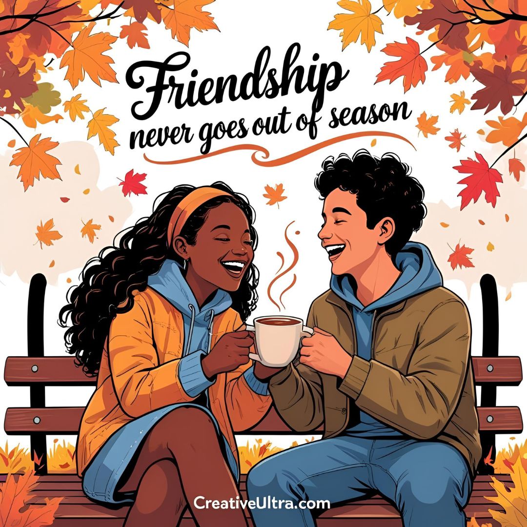 Two friends are laughing on a park bench, sipping hot drinks amid colorful autumn leaves. The image conveys warmth and joy with the text, "Friendship never goes out of season."