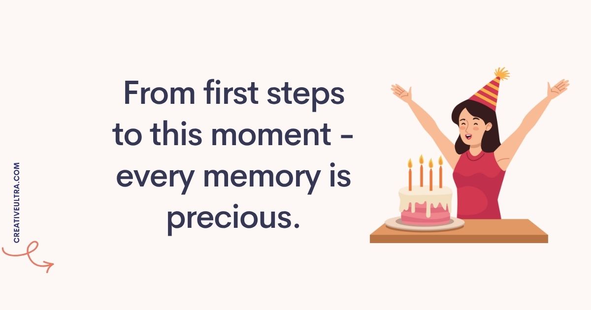 Illustration of a woman in a party hat smiling with raised arms next to a cake with candles. Text reads, "From first steps to this moment – every memory is precious." Celebratory and nostalgic tone.