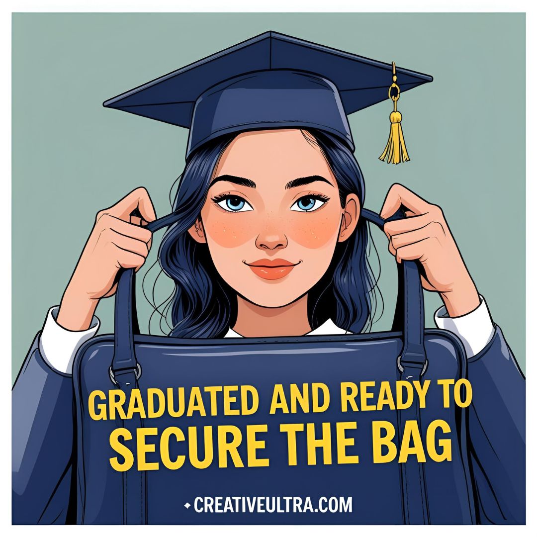 Illustration of a smiling graduate in a cap holding a bag. Text reads, "Graduated and ready to secure the bag." Optimistic and confident tone.