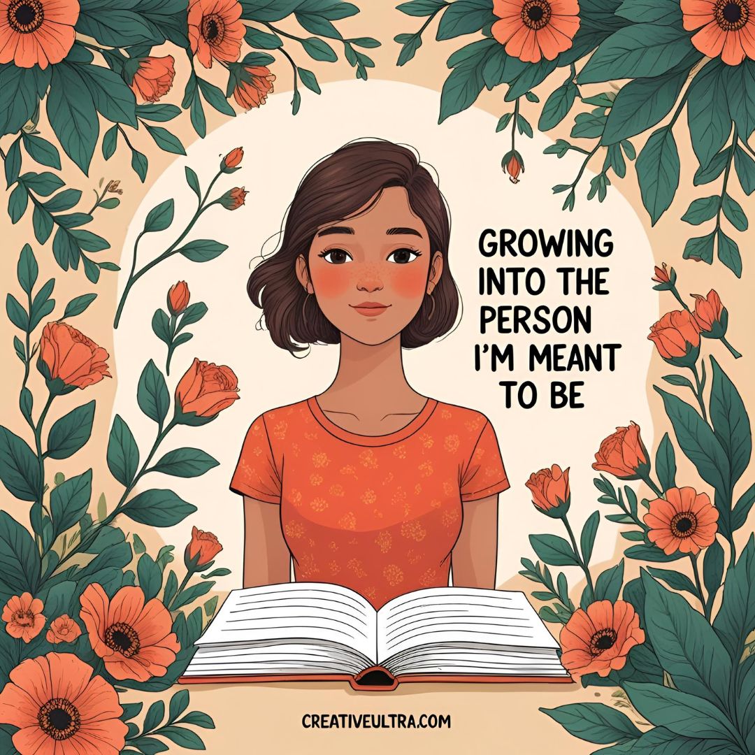A young woman with short hair in an orange shirt stands serenely amid blooming orange flowers and lush green leaves, next to an open book. Text reads, "Growing into the person I'm meant to be." The tone is reflective and optimistic.