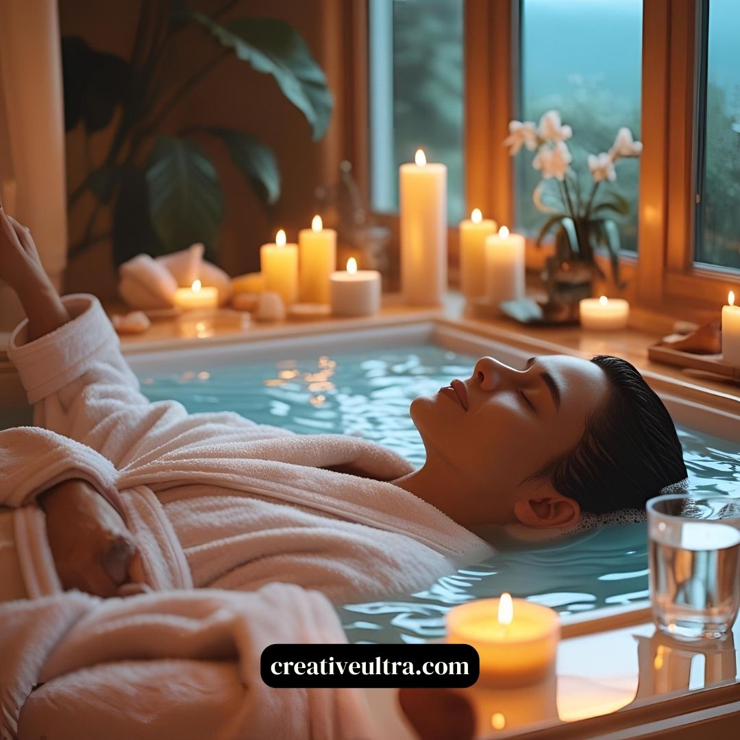 A person in a white robe relaxes in a candlelit bath, surrounded by soft golden light from multiple lit candles. The mood is serene and calming.