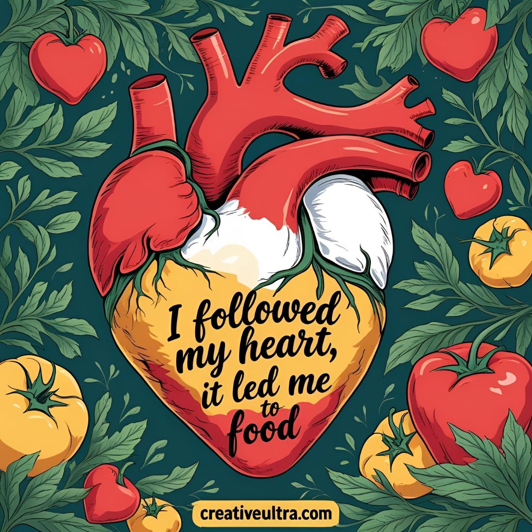 Illustrated human heart surrounded by tomatoes and greenery. Text on heart says "I followed my heart, it led me to food." Vibrant, whimsical tone.