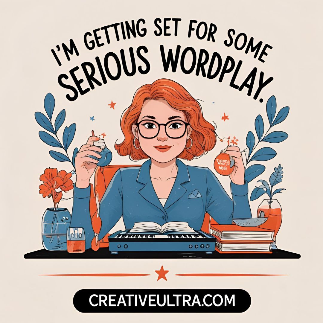 Illustration of a red-haired woman in glasses, smiling, holding a flask and mug, surrounded by books and plants. Text above reads, "I'm getting set for some serious wordplay." Playful tone.