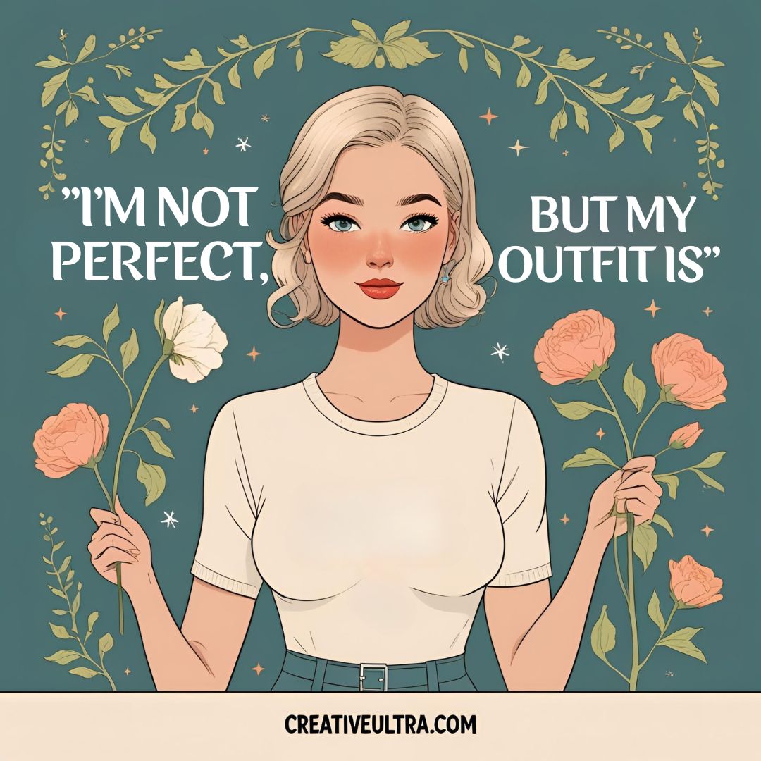 Illustration of a woman with a confident expression, holding flowers. Text reads, “I’m not perfect, but my outfit is.” Surrounded by floral designs.