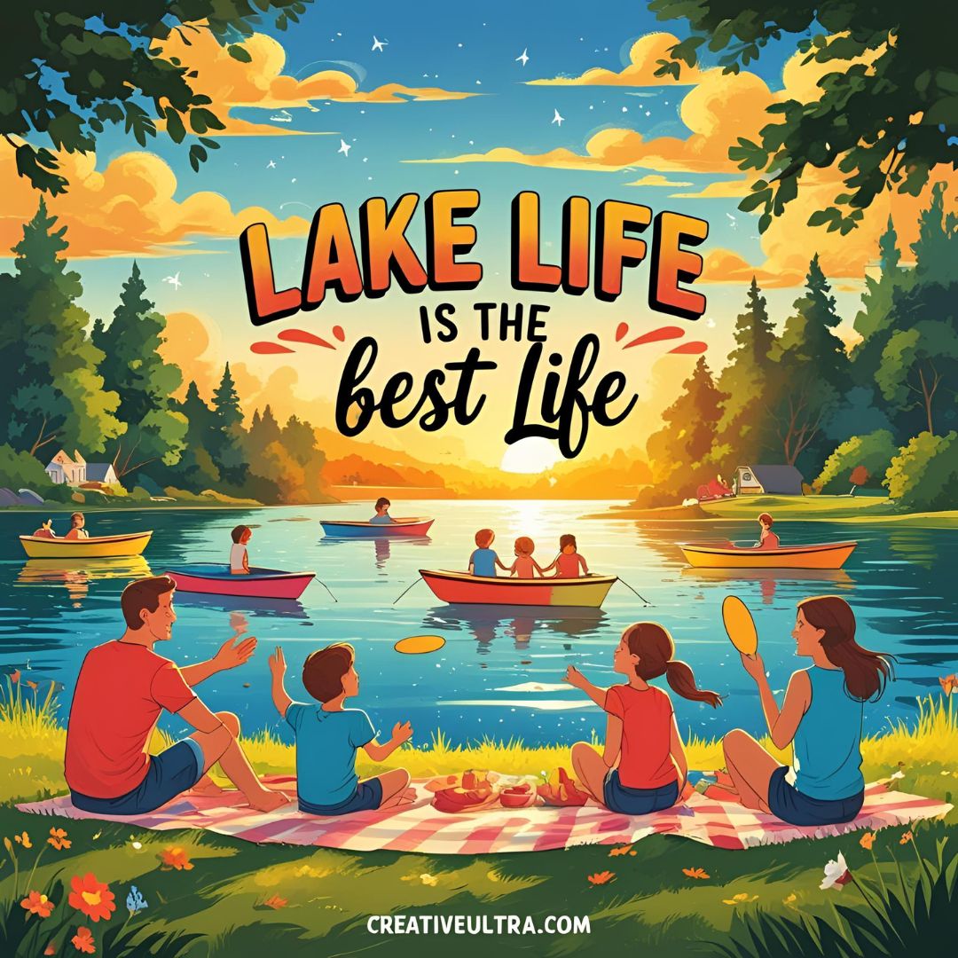 A family enjoys a lakeside picnic at sunset, playing with a frisbee. The lake is dotted with boats, surrounded by trees. Text reads "Lake Life is the Best Life."