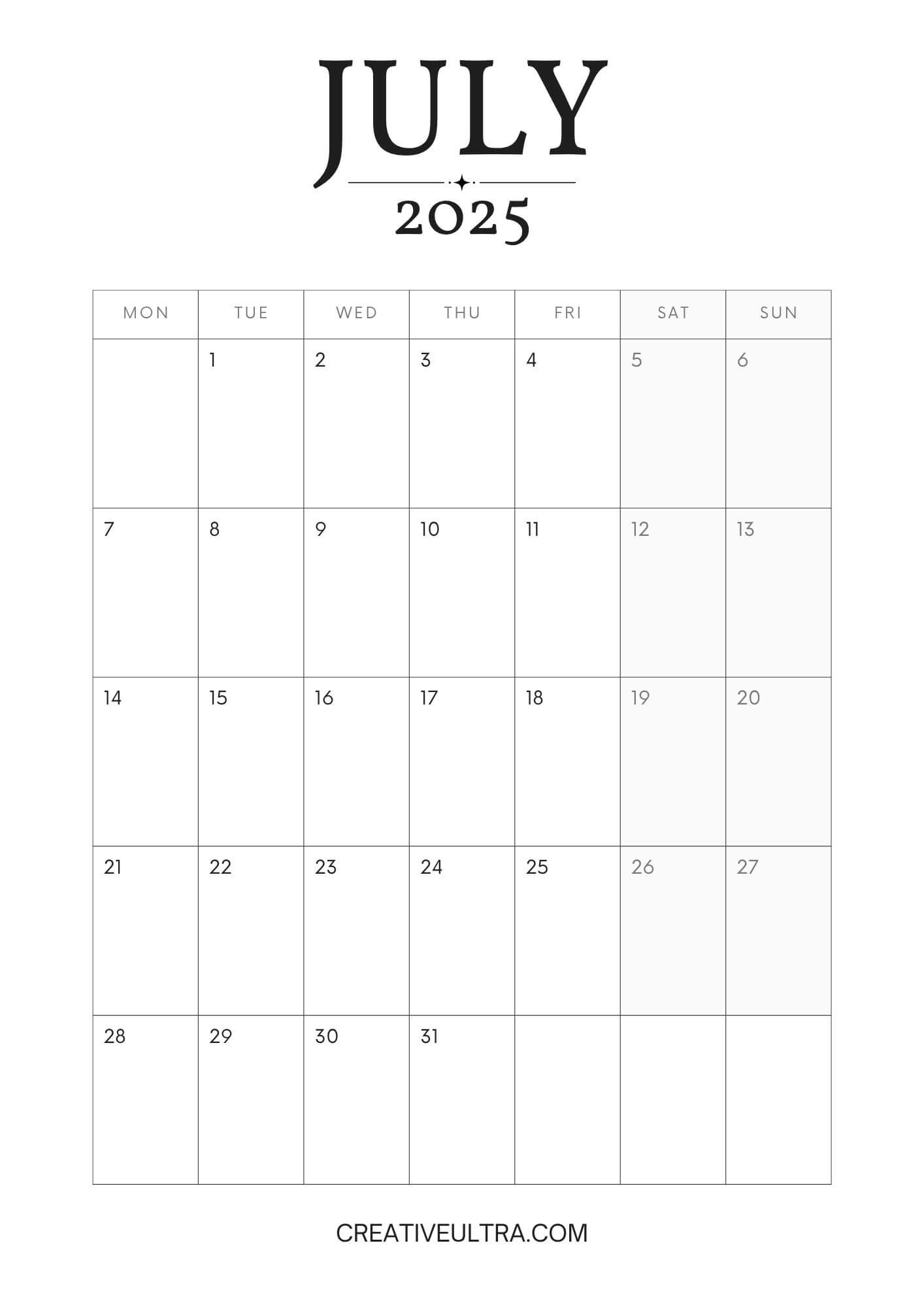 Minimal July 2025 Calendar