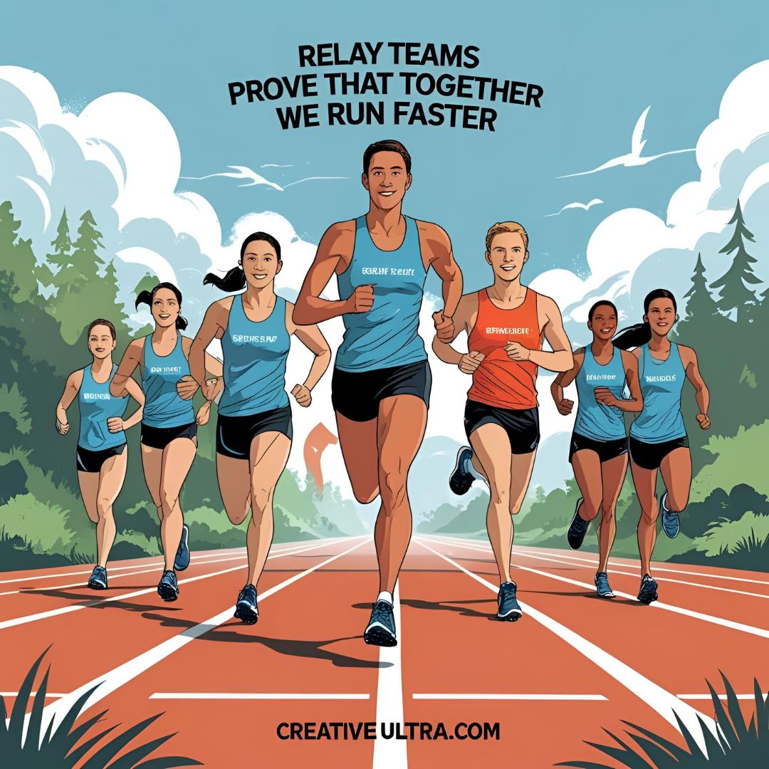 A diverse group of eight runners in athletic gear sprint joyfully on a track against a backdrop of trees and clouds, with text above reading, "Relay teams prove that together we run faster."