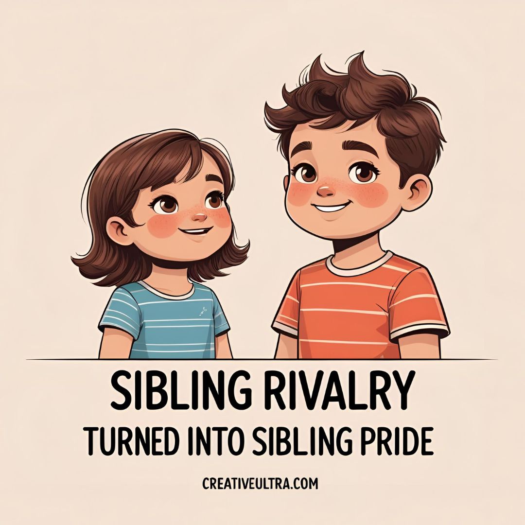 Illustration of a smiling boy and girl in striped shirts, captioned "Sibling Rivalry Turned Into Sibling Pride." Warm, playful tone.