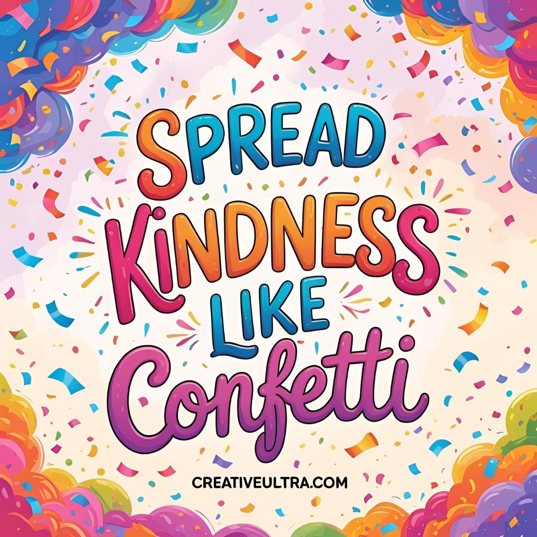 Colorful text "Spread Kindness Like Confetti" surrounded by vibrant swirling patterns and scattered confetti, creating a joyful, uplifting tone.