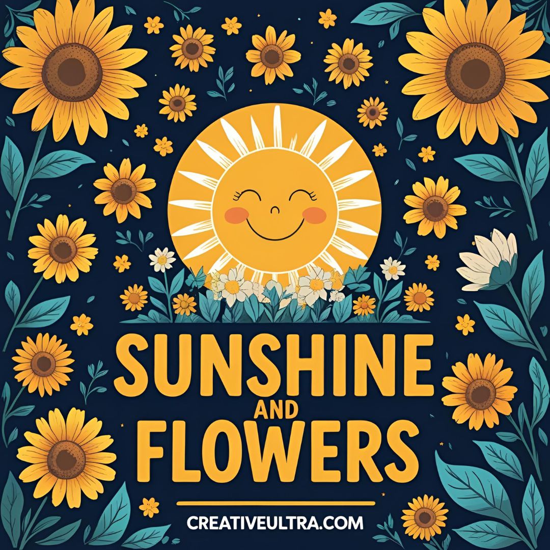 Smiling sun surrounded by yellow flowers and teal leaves on a dark background. Bold text reads "Sunshine and Flowers." Bright, cheerful tone.