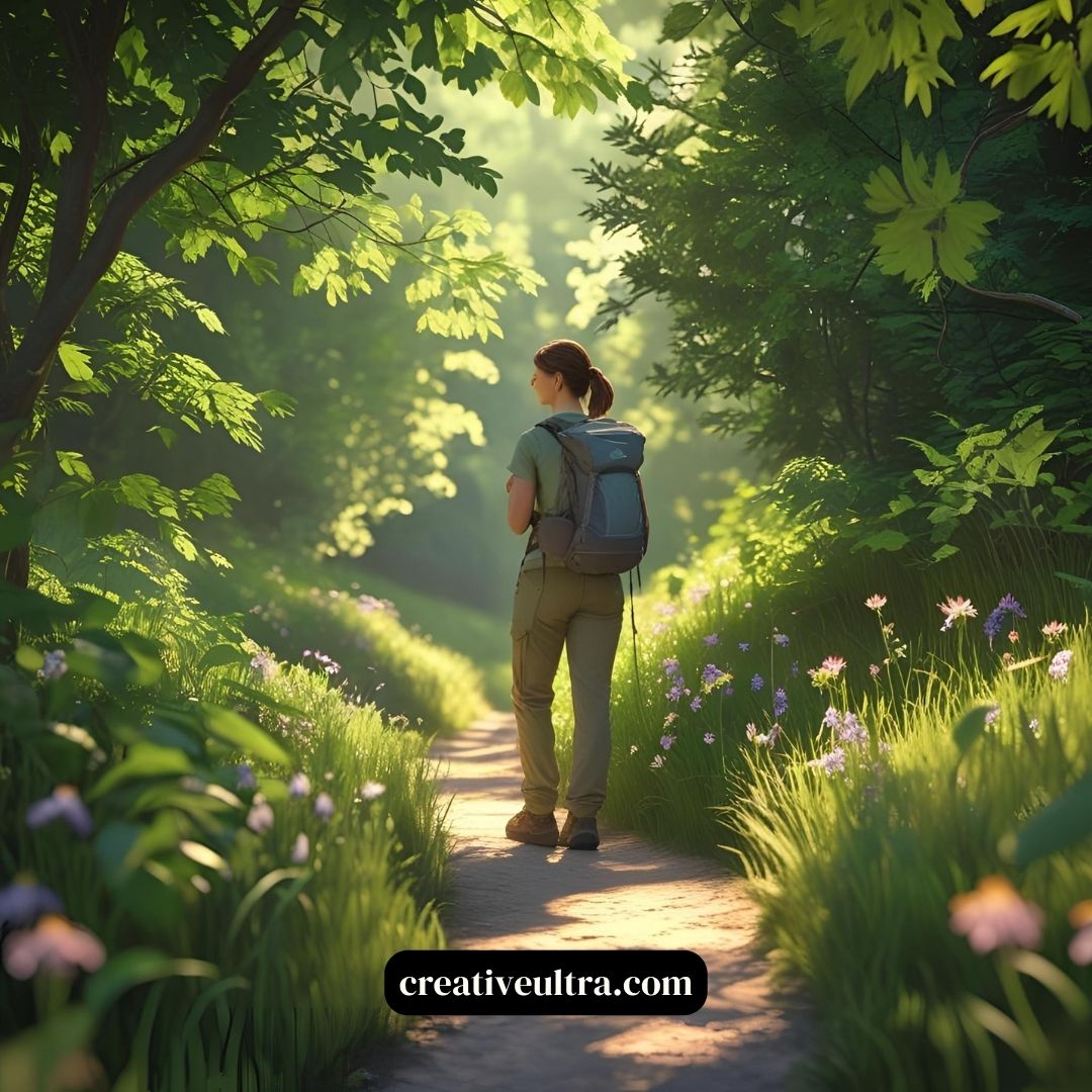 A woman with a backpack walks on a sunlit forest path, surrounded by lush green leaves and blooming wildflowers. The scene feels serene and peaceful.