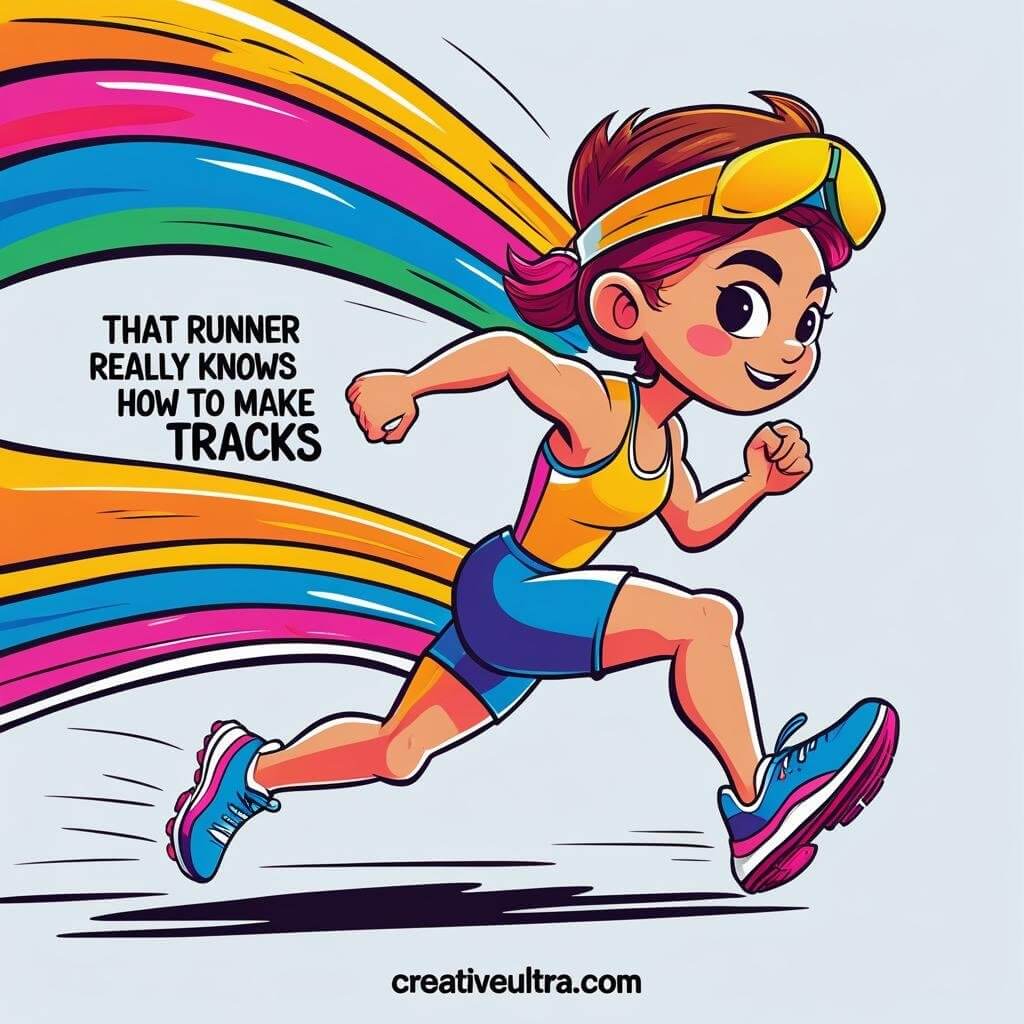 Cartoon of a smiling runner in colorful attire and goggles, sprinting with vibrant rainbow trails behind. Text reads, "That runner really knows how to make tracks."