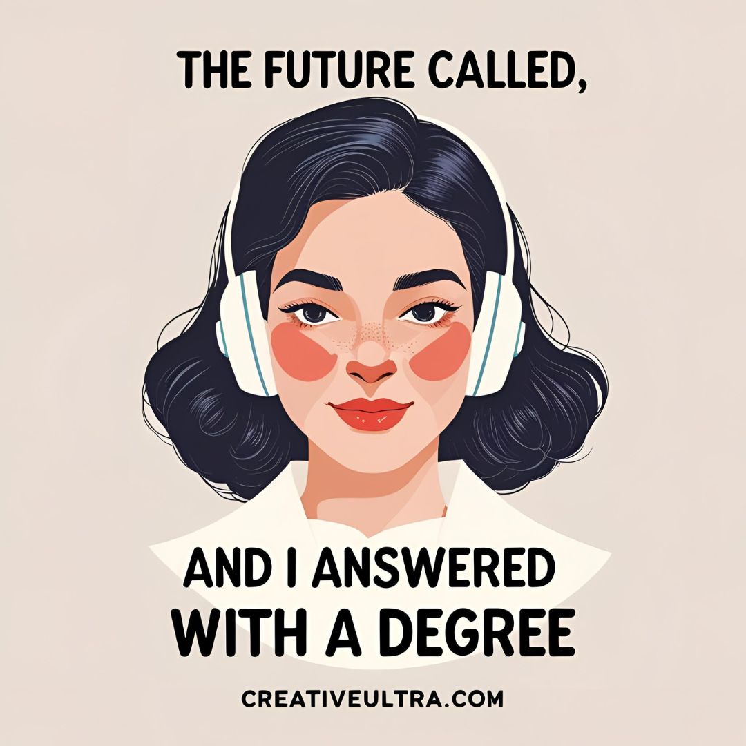 Illustration of a confident woman with headphones, set against a beige background. Text reads "The future called, and I answered with a degree."