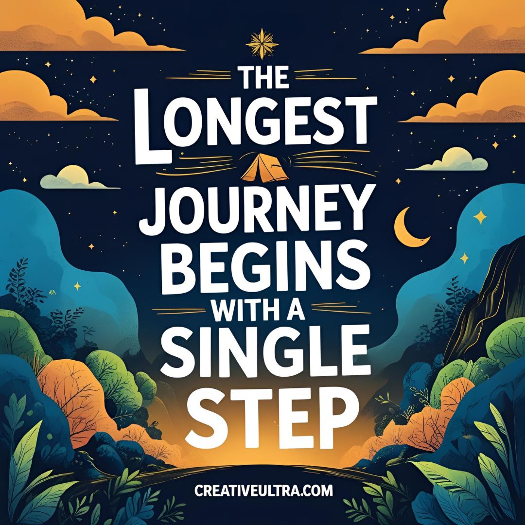 Inspirational quote in bold, "The longest journey begins with a single step," against a scenic night sky with colorful foliage and clouds.