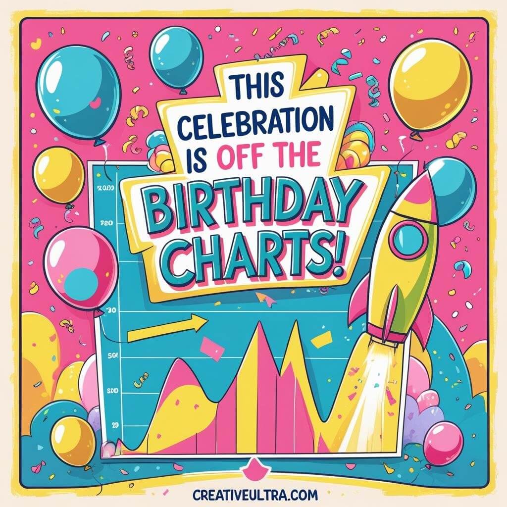 Colorful birthday-themed image with balloons, confetti, and a chart. A rocket lifts off beside the phrase, "This celebration is off the birthday charts!"