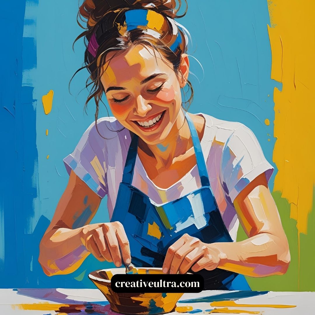 A smiling person in an abstract, colorful portrait, wearing an apron, joyfully preparing food. Energetic brush strokes convey a lively, artistic mood.