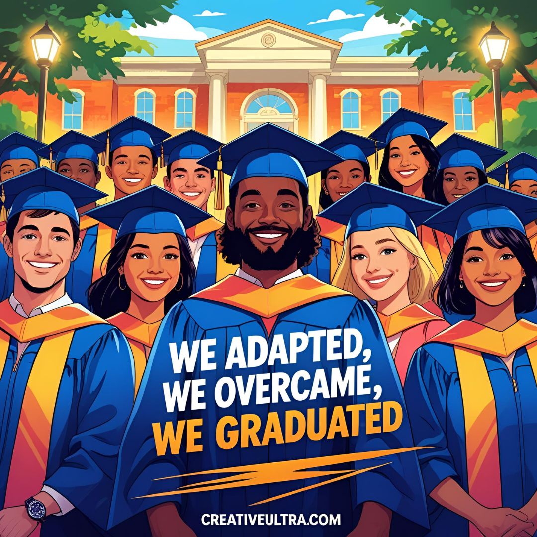 A diverse group of smiling graduates in caps and gowns stands before a school building. Text reads, "We adapted, we overcame, we graduated."