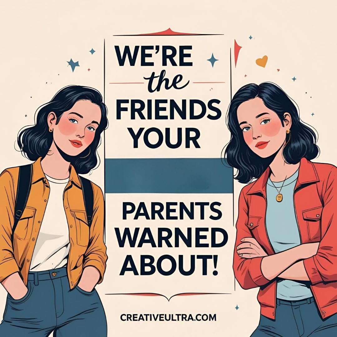 Two illustrated women with confident expressions stand beside bold text saying, "We're the friends your parents warned about!" The mood is rebellious and playful.