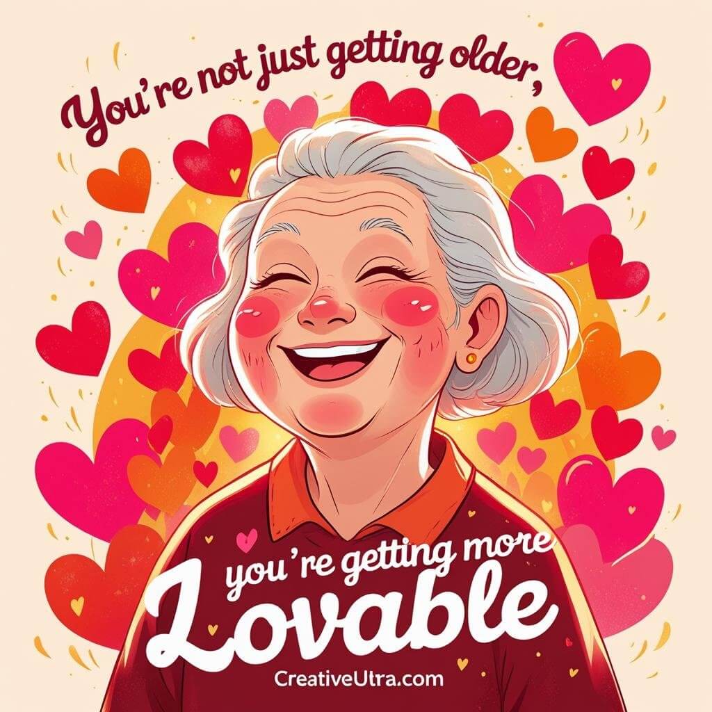 Cheerful elderly woman with gray hair, smiling joyfully. Surrounded by colorful hearts. Text reads, “You’re not just getting older, you’re getting more lovable.”