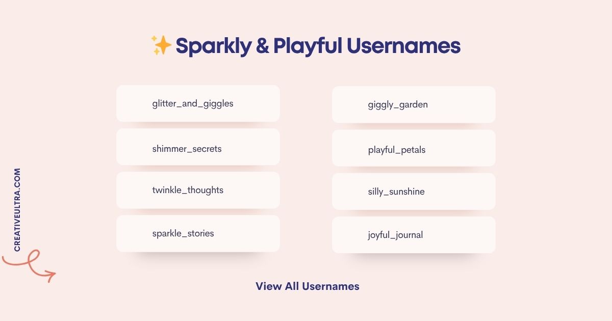 The image shows a list titled "Sparkly & Playful Usernames" with whimsical options like glitter_and_giggles, giggly_garden, and joyful_journal. Soft pastel tones create a cheerful mood.