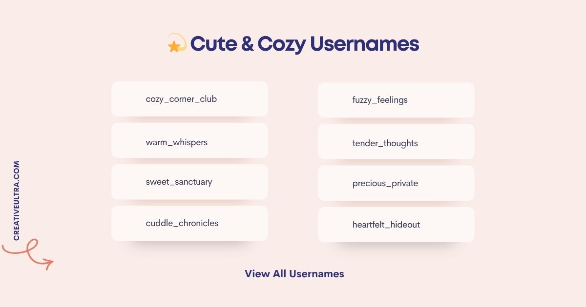 "Image titled 'Cute & Cozy Usernames' with two columns of usernames on a soft pink background. Left: cozy_corner_club, warm_whispers, sweet_sanctuary, cuddle_chronicles. Right: fuzzy_feelings, tender_thoughts, precious_private, heartfelt_hideout. Bottom text reads 'View All Usernames.'"