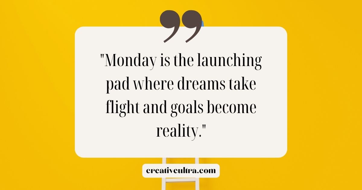A motivational quote on a vibrant yellow background reads, "Monday is the launching pad where dreams take flight and goals become reality," conveying optimism and inspiration.